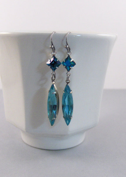 Deco,Earring,Vintage Earrings,Aquamarine Earrings,Aqua,Rhinestone,Topaz Earring,Blue Topaz,Blue Topaz Earring,Turquoise earring,valleygirl