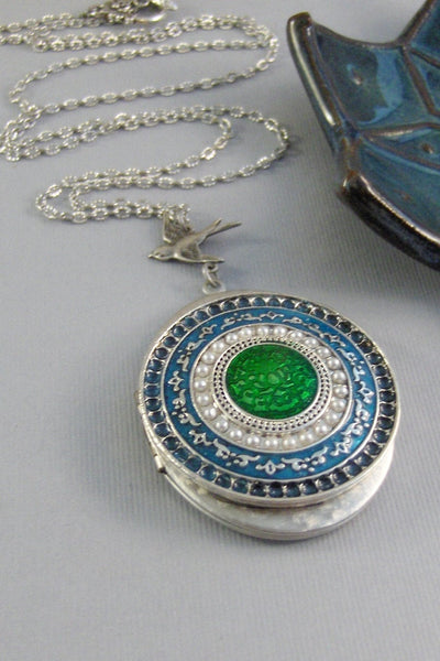Green Goddess,Locket,Silver,Turquoise Necklace,Green Necklace,Necklace,Antique Locket,Blue Stone,Green STone,Purple STone.valleygirldesigns.
