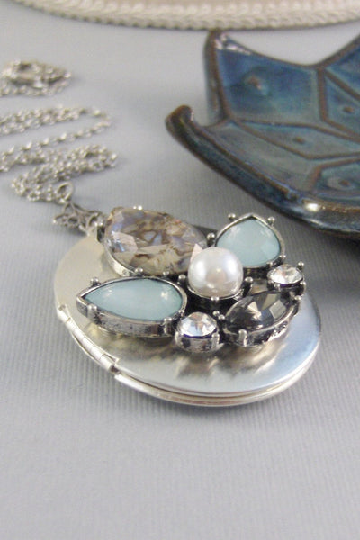 Aqua Moon,Locket,Silver,Turquoise Necklace,Pearl Necklace,Pearl,Diamond Necklace,Silver Locket,Blue Necklace,Blue Locket.valleygirldesigns.