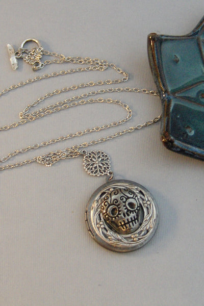 Sugar Skull,Locket,Silver Locket,Locket,Necklace,Antique Locket,Skull Necklace,Day of the dead,Mandala,Spiritual Neckalce.valleygirldesigns.