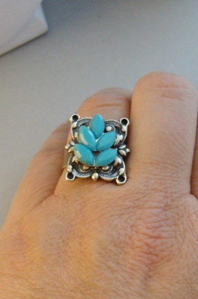 Vintage Turquoise,Ring,Silver,Blue Ring,One of a KInd,Blue Flower Ring,Flower Ring,Blue,Turquoise Ring,Vintage Turquoise,valleygirldesigns.