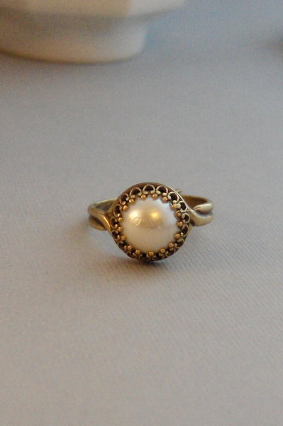Brass Pearl,Ring,Brass Ring,Pearl,Pearl Ring,Brass and Pearl,Button Ring,White Pearl,Gypsy,Boho Ring,White,Antique Ring,Valleygirldesigns.