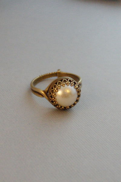 Brass Pearl,Ring,Brass Ring,Pearl,Pearl Ring,Brass and Pearl,Button Ring,White Pearl,Gypsy,Boho Ring,White,Antique Ring,Valleygirldesigns.