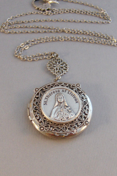 Saint Therese,Necklace,Locket,Silver Locket,Mens,Saint,Therese,Medal,Silver,Religious,Religious Jewelry,Religious Necklace,Valleygirldesigns