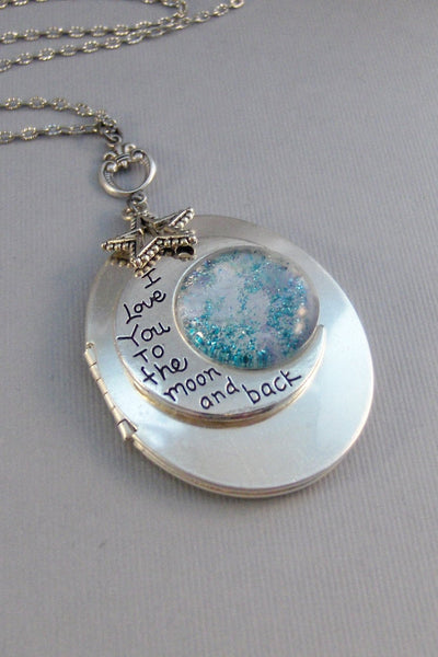 Love You Moon,Locket,Silver Locket,Moon,Moon Locket,I love you to the moon,Moon Necklace,Star Necklace,Star Locket,Love valleygirldesigns.