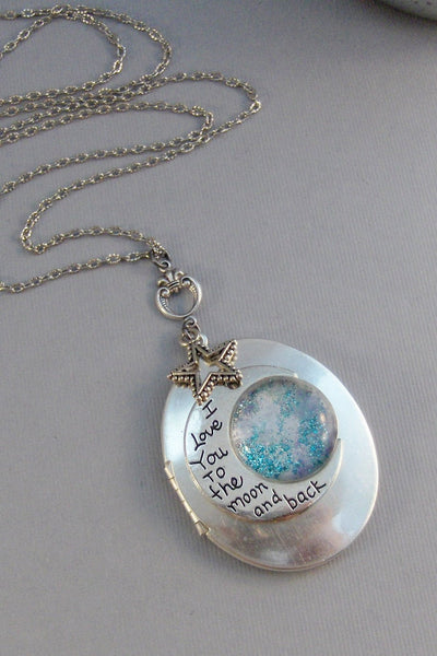 Love You Moon,Locket,Silver Locket,Moon,Moon Locket,I love you to the moon,Moon Necklace,Star Necklace,Star Locket,Love valleygirldesigns.