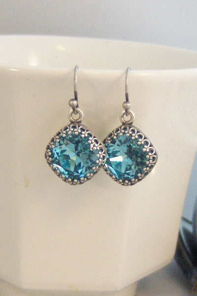 Mermaid Blue,Earrings,Blue Earrings,Aqua Earrings,Square Earrings,Opal Earrings,Birthstone Earrings,Blue Swarovski,Swarovski Earrings