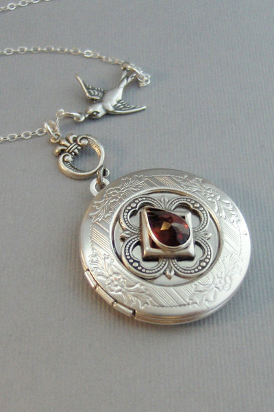 Garnet Sparrow,Garnet Locket,Antique Locket,Silver Locket, Red Locket,Red,Garnet Necklace,Gemstone Locket,Gemstone Necklace,Genuine