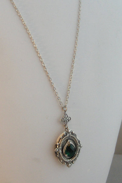 Emerald Crown,Necklace,Emearld Necklace,Emerald Locket,Silver Locket,Victorian,Antique Locket,Green,Emerald,Stone,valleygirldesigns.