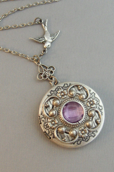 Lavender Tranquility,Alexandrite,Locket,Antique Locket,Silver Locket,Bird,Purple Necklace,Purple Locket,Bird Locket,June, Valleygirldesigns.