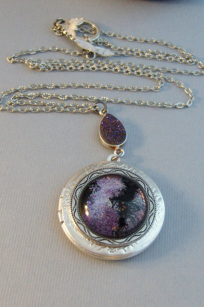 Galaxy Purple,Locket,Silver,Purple,Purple Locket,Galaxy Necklace,Galaxy Locket,Purple Necklace,Purple STone,Druzy,Druzy Necklace,Druzie,Drus