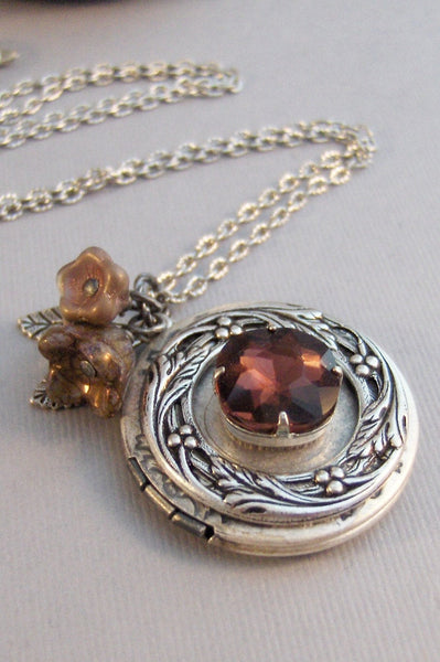 Cinnamon Clove,Locket,Antique Locket,Silver Locket,Garnet,Garnet Necklace,Garnet Locket,Birthstone,January Birthstone Valleygirldesigns.