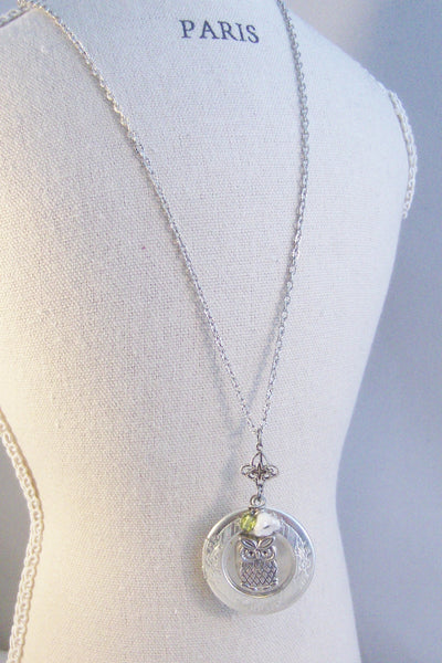 Birthstone Hoots,Owl,Locket,Silver Locket,Owl,Silver,Woodland,Antique Locket,White Flower,Birthstone,Birthstone Locket,Birthstone Necklace