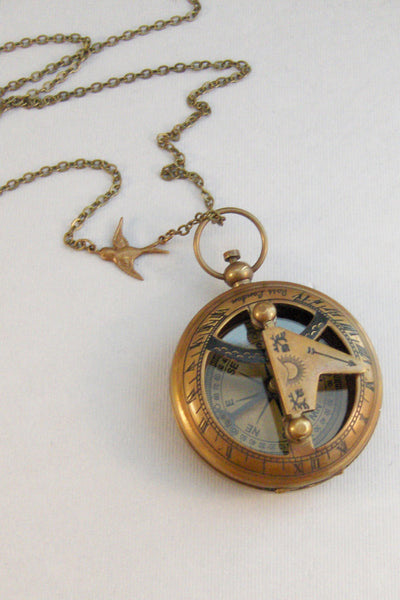 Sun Dial,Necklace,Brass Locket,Bird,Steampunk,Antique Necklace,Compass,Calendar,Sun,Sun Necklace,Sun Locket,Calender,valleygirldesigns.
