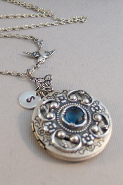 September Sparrow,Sapphire,Sapphire Locket,Locket,Antique Locket,Silver Locket,Sparrow,Bird Locket,Initial,Hand Stamp,Personalized,Blue,