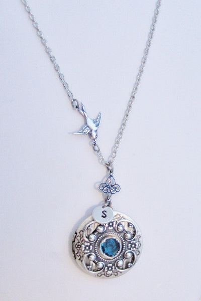 September Sparrow,Sapphire,Sapphire Locket,Locket,Antique Locket,Silver Locket,Sparrow,Bird Locket,Initial,Hand Stamp,Personalized,Blue,