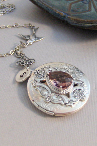 Garnet Sparrow,Garnet,Garnet Locket,Locket,Antique Locket,Silver Locket,Sparrow,Bird Locket,Initial,Hand Stamp,Personalized,Blue,
