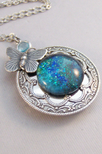 Stardust Butterfly,Butterfly Locket,Blue,Galaxy Necklace,Galaxy Locket,Blue Necklace,Blue Stone,Star Locket,Star Necklace valleygirldesign