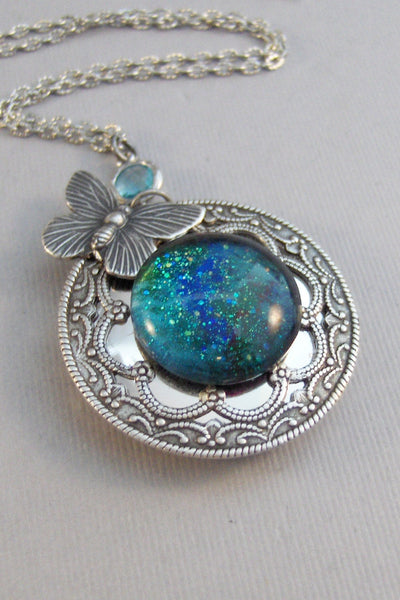 Stardust Butterfly,Butterfly Locket,Blue,Galaxy Necklace,Galaxy Locket,Blue Necklace,Blue Stone,Star Locket,Star Necklace valleygirldesign
