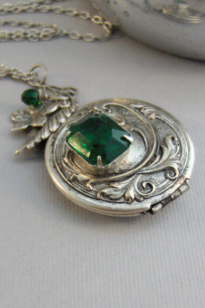 Spring Ivy,Vintage Locket,Vintage Emerald,Vintage Necklace,Emerald Necklace,Emerald Pendant,May Birsthstone,Birthstone,valleygirldesigns