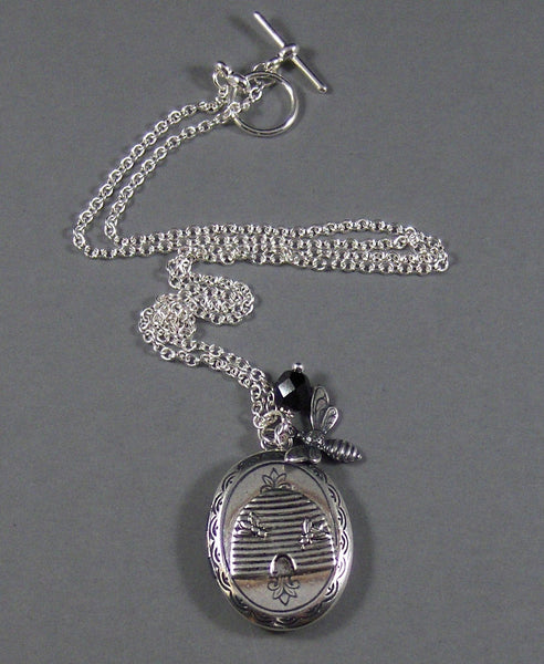 Queenie's Hive,Silver Locket,Bee Locket,Hive,Black Bead,Bumble,Charm. Handmade Jewelry by valleygirldesigns on Etsy.