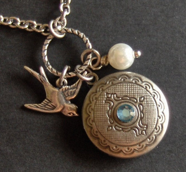 Arielle,Locket,Silver Locket,Silver Bird,Birthstone,Birthstone Jewelry,Antique Locket,Necklace.Handmade Jewelry by valleygirldesigns