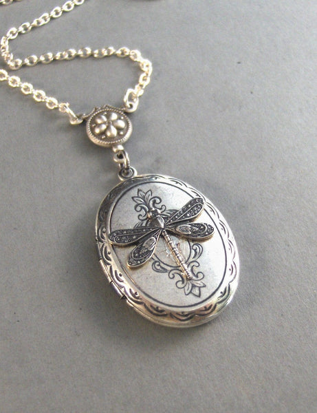 Meadow,Silver Dragonfly Locket,Victorian Style,Silver Chain. Handmade Jewelry by valleygirldesigns on Etsy.From valleygirldesigns