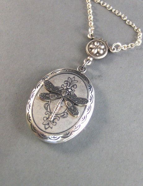 Meadow,Silver Dragonfly Locket,Victorian Style,Silver Chain. Handmade Jewelry by valleygirldesigns on Etsy.From valleygirldesigns