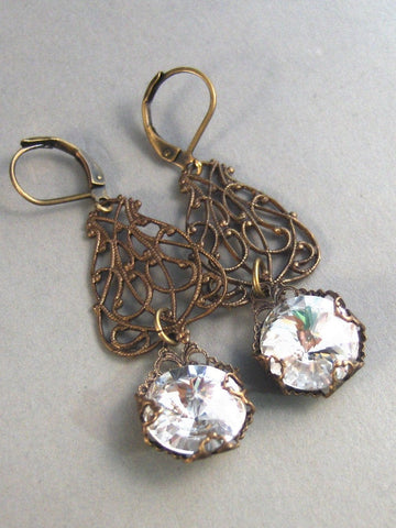 Esme,Brass Earrings,Filigree,Diamond Swarovski,Wrapped,Bride,Victorian,Vintage Style.  Handmade Jewelery by Valleygirldesigns on Etsy.