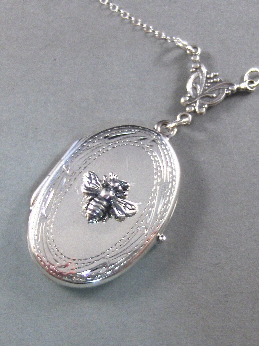 Queen Bee Sterling Silver Locket Necklace,Locket,Photo,Bumble Bee,Sterling Silver