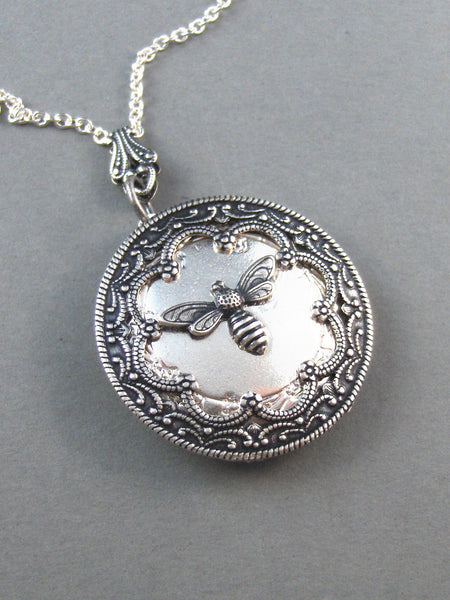 Queen Bee Silver Locket. Antiqued Silver,Charm,Wings,Honey,Mother.  Handmade jewelery by valleygirldesigns on Etsy.