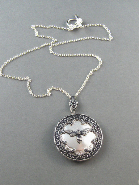 Queen Bee Silver Locket. Antiqued Silver,Charm,Wings,Honey,Mother.  Handmade jewelery by valleygirldesigns on Etsy.