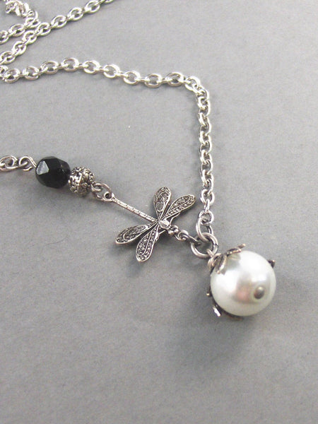 Zara, Dragonfly Necklace,Antiqued Silver,White Pearl,Flower,Vintage Style. Handmade jewelery by valleygirldesigns on Etsy.