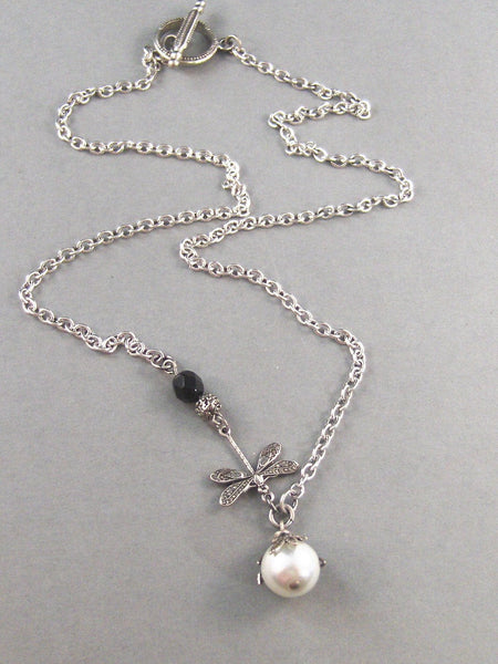 Zara, Dragonfly Necklace,Antiqued Silver,White Pearl,Flower,Vintage Style. Handmade jewelery by valleygirldesigns on Etsy.