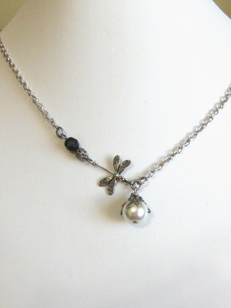 Zara, Dragonfly Necklace,Antiqued Silver,White Pearl,Flower,Vintage Style. Handmade jewelery by valleygirldesigns on Etsy.