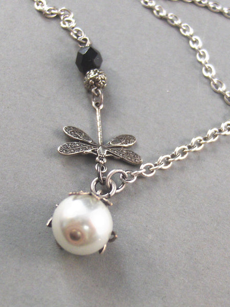 Zara, Dragonfly Necklace,Antiqued Silver,White Pearl,Flower,Vintage Style. Handmade jewelery by valleygirldesigns on Etsy.