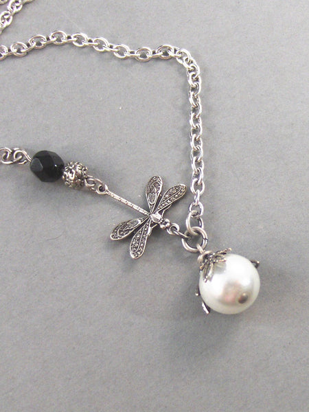 Zara, Dragonfly Necklace,Antiqued Silver,White Pearl,Flower,Vintage Style. Handmade jewelery by valleygirldesigns on Etsy.