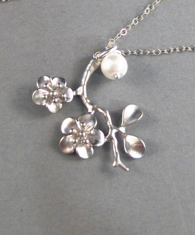 Felicity,Silver Necklace,Pearl Necklace,Sterling Necklace,Cherry Blossom,Sterling Silver,Wedding. Handmade jewelery by valleygirldesigns.