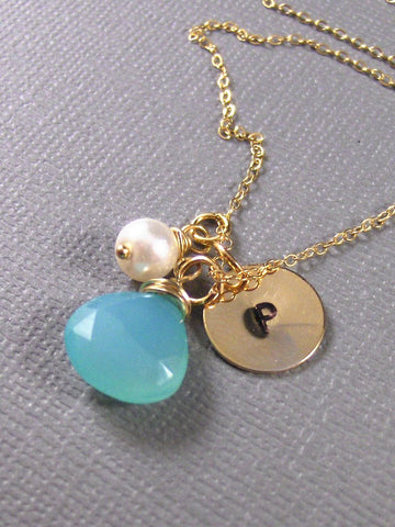 Samara,Gold Necklace,Freshwater Pearl,Initial,Blue,Aqua,Chaledony.Stamped. Handmade Jewelery by ValleyGirlDesigns.From valleygirldesigns