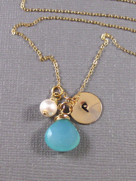 Samara,Gold Necklace,Freshwater Pearl,Initial,Blue,Aqua,Chaledony.Stamped. Handmade Jewelery by ValleyGirlDesigns.From valleygirldesigns