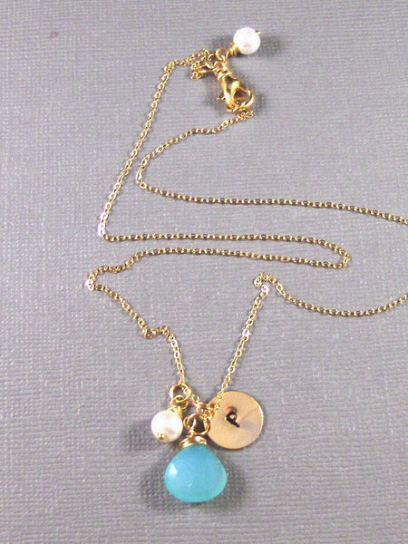 Samara,Gold Necklace,Freshwater Pearl,Initial,Blue,Aqua,Chaledony.Stamped. Handmade Jewelery by ValleyGirlDesigns.From valleygirldesigns