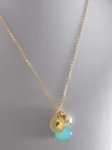 Samara,Gold Necklace,Freshwater Pearl,Initial,Blue,Aqua,Chaledony.Stamped. Handmade Jewelery by ValleyGirlDesigns.From valleygirldesigns