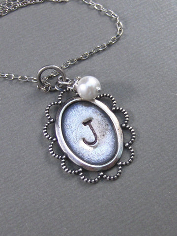 Pearl,Silver Necklace,Antique Necklace,Hand Stamped,Personalize,Pearl,Charm,Lace,Wedding. Handmade jewelery by valleygirldesigns.
