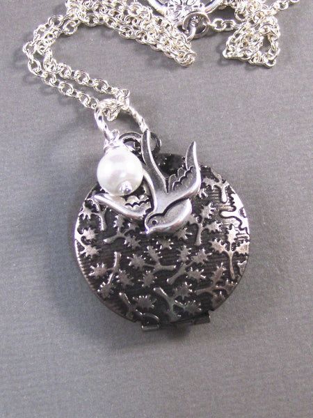 Mocking Bird,Silver Locket,Pearl,Silver Necklace,Bird,Mocking Jay,Filigree,Antique. Handmade jewelery by valleygirldesigns.
