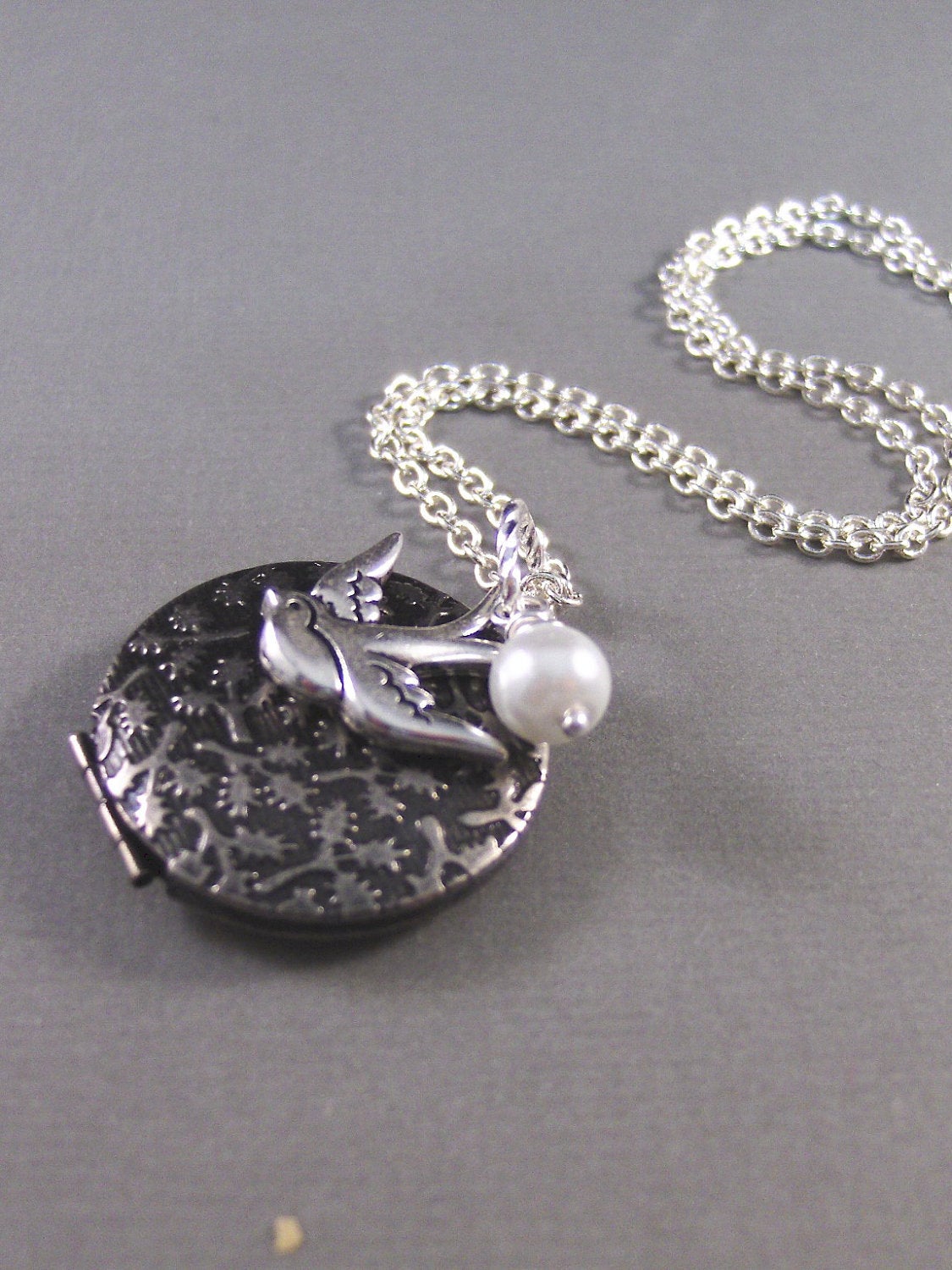 Mocking Bird,Silver Locket,Pearl,Silver Necklace,Bird,Mocking Jay,Filigree,Antique. Handmade jewelery by valleygirldesigns.