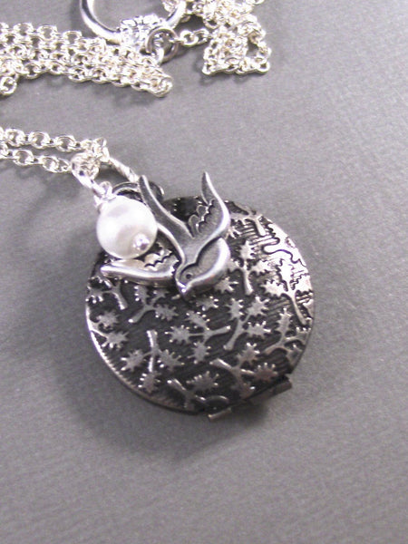 Mocking Bird,Silver Locket,Pearl,Silver Necklace,Bird,Mocking Jay,Filigree,Antique. Handmade jewelery by valleygirldesigns.