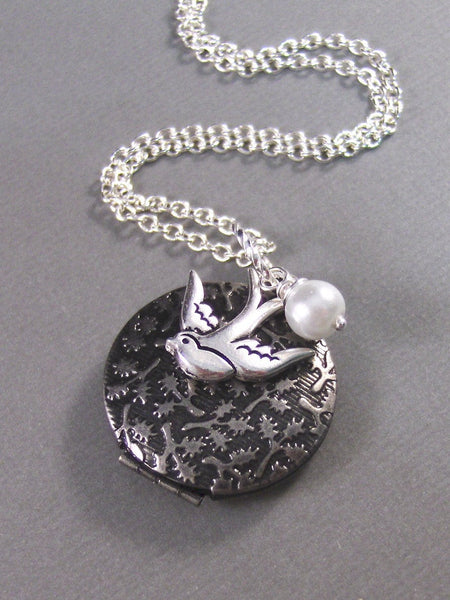 Mocking Bird,Silver Locket,Pearl,Silver Necklace,Bird,Mocking Jay,Filigree,Antique. Handmade jewelery by valleygirldesigns.
