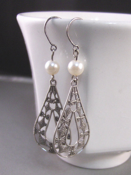 Ariana,Silver Earrings,Pearl Earrings,Antique Earrings,Wedding Jewelery,Pearl,Antique,Filigree. Handmade jewelery by valleygirldesigns.