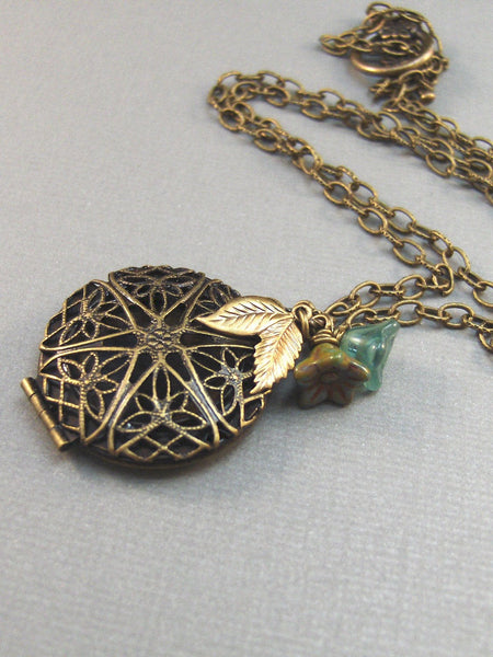 Woodland Flower,Brass Locket,Locket,Aquamarine,Brass Necklace, Scent,Brass. Handmade jewelery by Valleygirdesigsn.