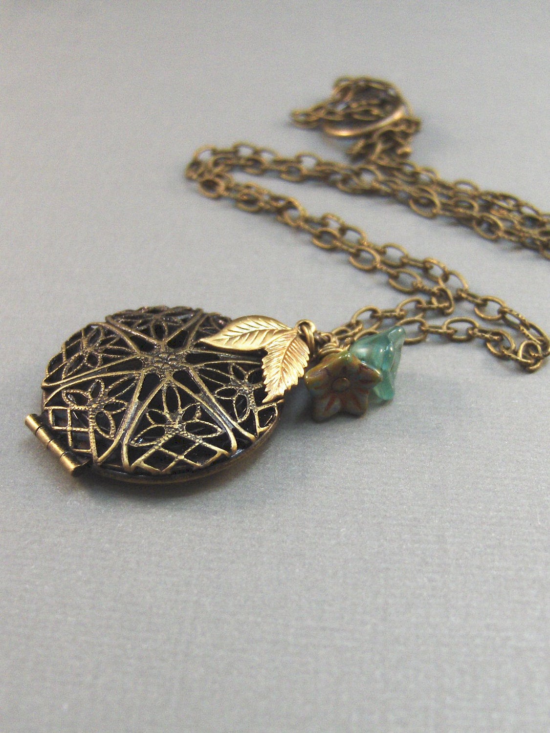 Woodland Flower,Brass Locket,Locket,Aquamarine,Brass Necklace, Scent,Brass. Handmade jewelery by Valleygirdesigsn.